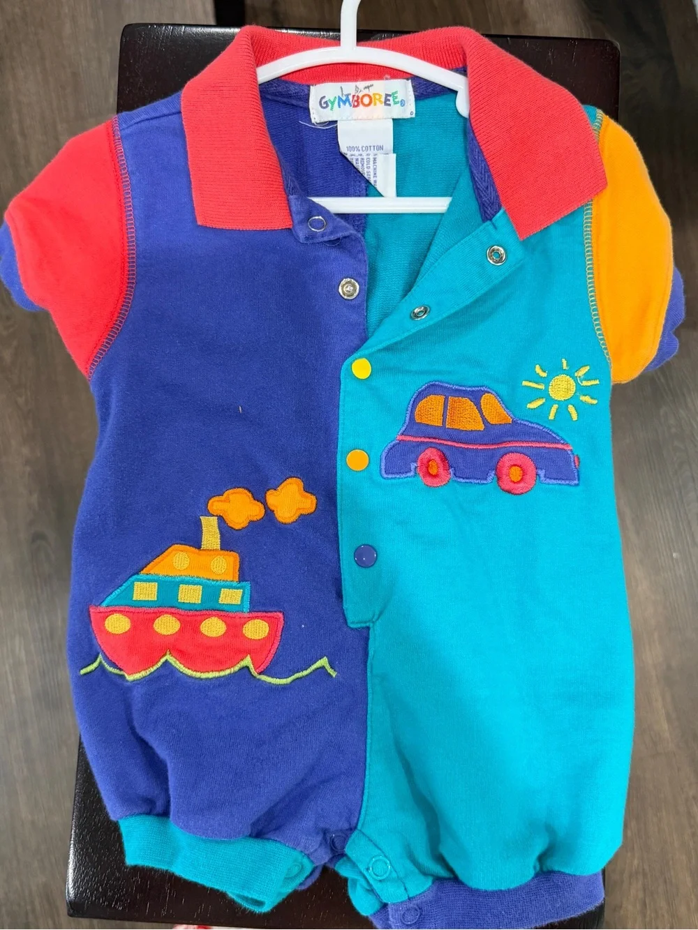 Gymboree Bright Colorblock Romper with Car and Boat Appliqués